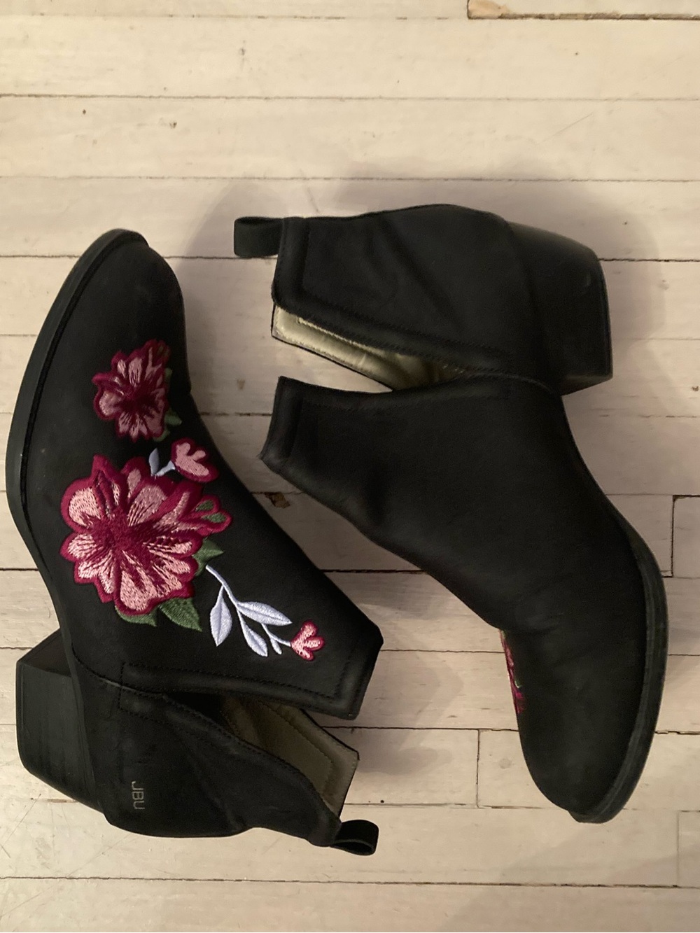 JBU Black Ankle Booties with Pink Floral Embroidery